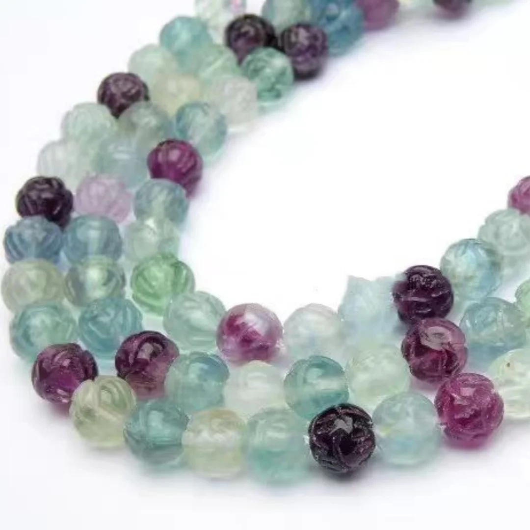 Multicolor Fluorite Carved Beads 10mm/12mm round Square Flower Shape Natural for DIY Jewelry Making Necklace 38cm FPPJ Loose