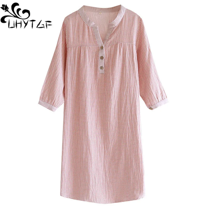 

UHYTGF Cotton Nightdress Womens V-Neck Pullover Spring Autumn Pajamas Dress Female Plaid Thin Home Clothes Ladies Sleepwear 2667