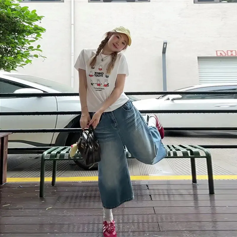 

Casual Light Blue Cropped Wide Leg Jeans for Women, High Waisted Loose Denim Culottes, Baggy Ankle-Length Pants