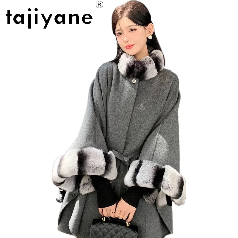 

TAJIYANE, 100% шерсть, женское пальто средней длины с рукавами из меха кролика рекс, элегантный дизайн плаща, женская одежда 2025, пальто женское