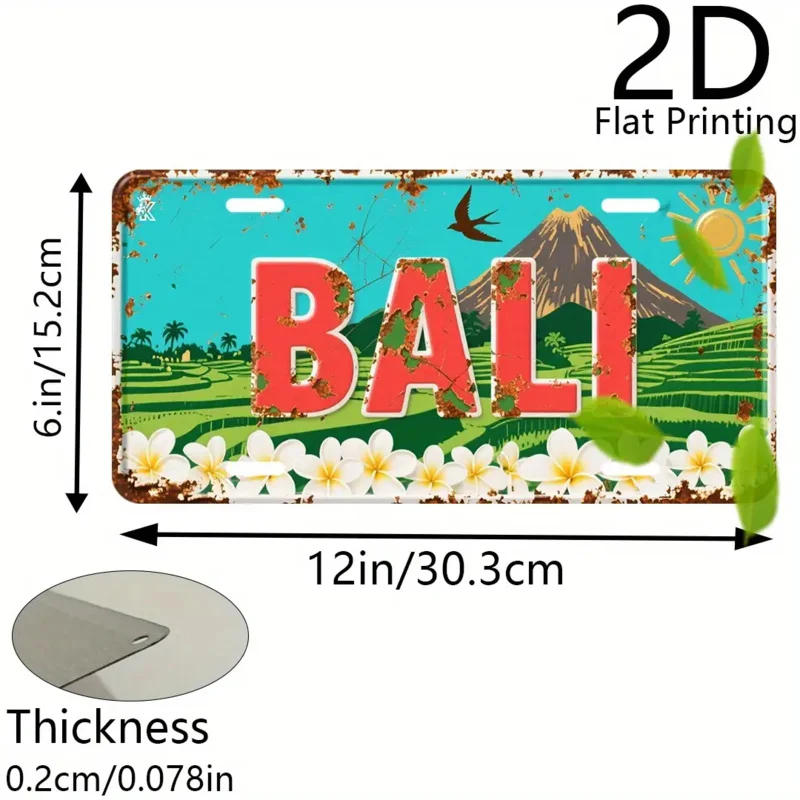 HD Aluminum Print, Vintage Bali Indonesia Volcano Rice Terrace Frangipani Flower License Plate Style Wall Art, High Definition B