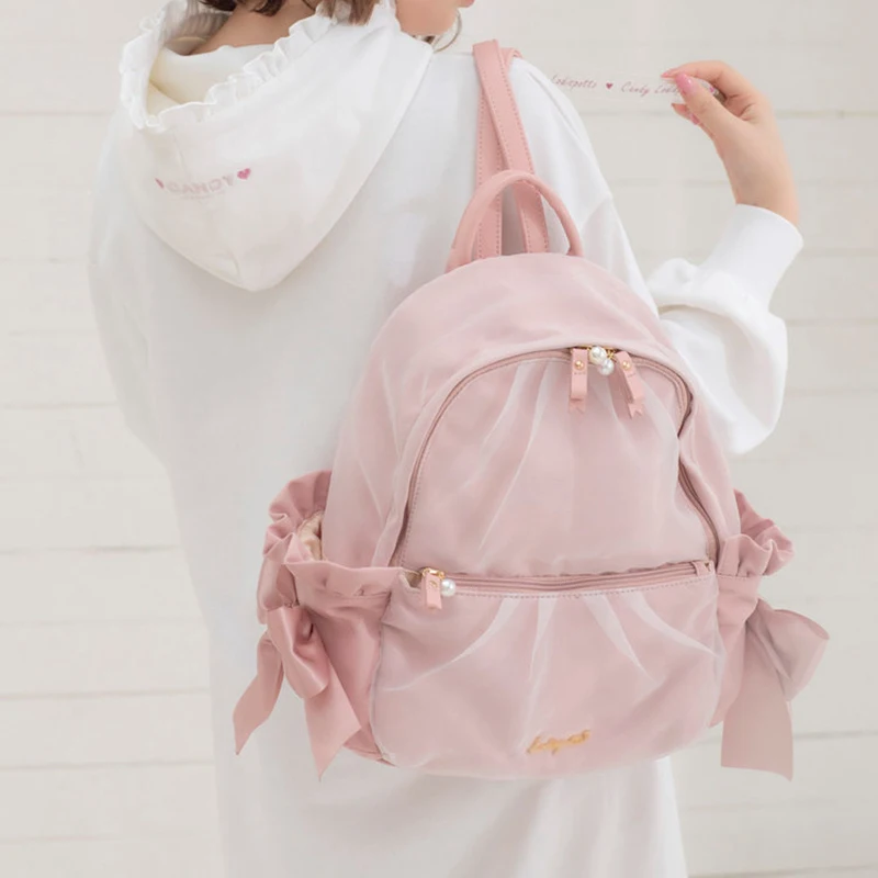 Sweet Cute Casual Girlish Heart Cute Bowknot Mesh Backpack Japanese Style Students Schoolbag Commute Shoulder Women's Bags