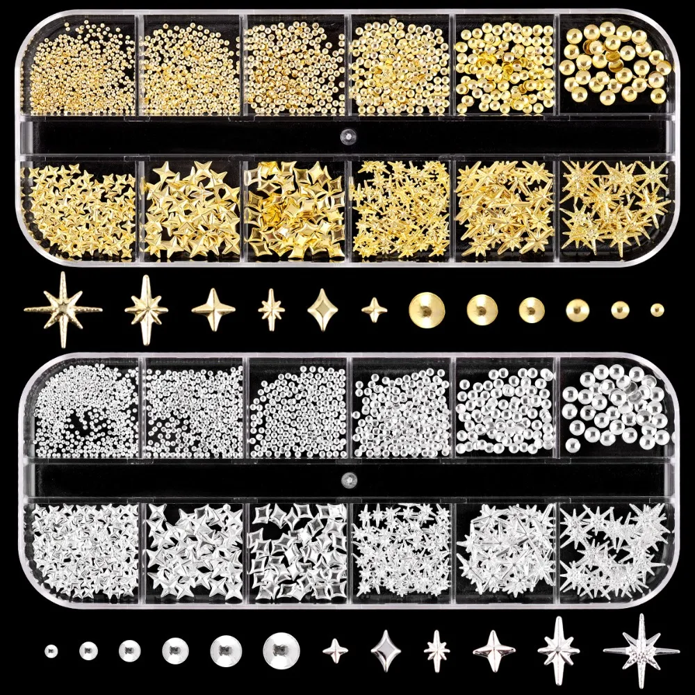 12 Grids Metal Nail Studs Gold Silver Mixed Shapes Star Cross Round Beads Dots Rivets Nail Charms for DIY Manicure Decorations