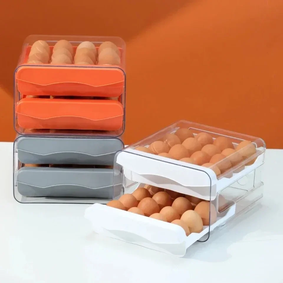 Auto Scrolling Egg Rack Stackable Refrigerator Egg Holder Space Saving Kitchen Eggs Dispenser Non-Slip Eggs Container Organizer