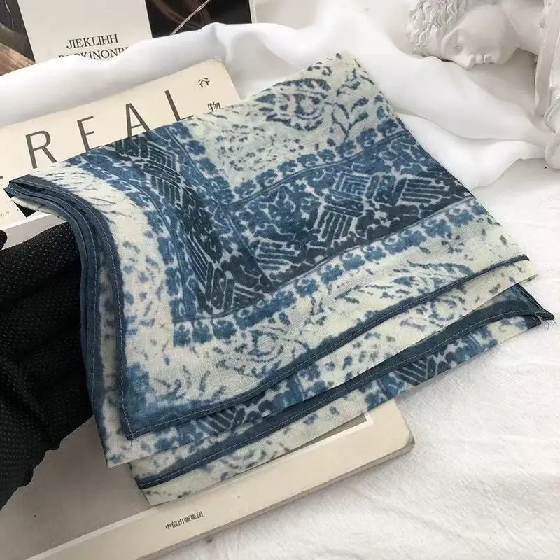 

Women's 100% Ramie Blue Floral Print Square Scarf Lightweight Vintage Bandana Neck Scarf Soft Airy Headscarf for Daily Wear