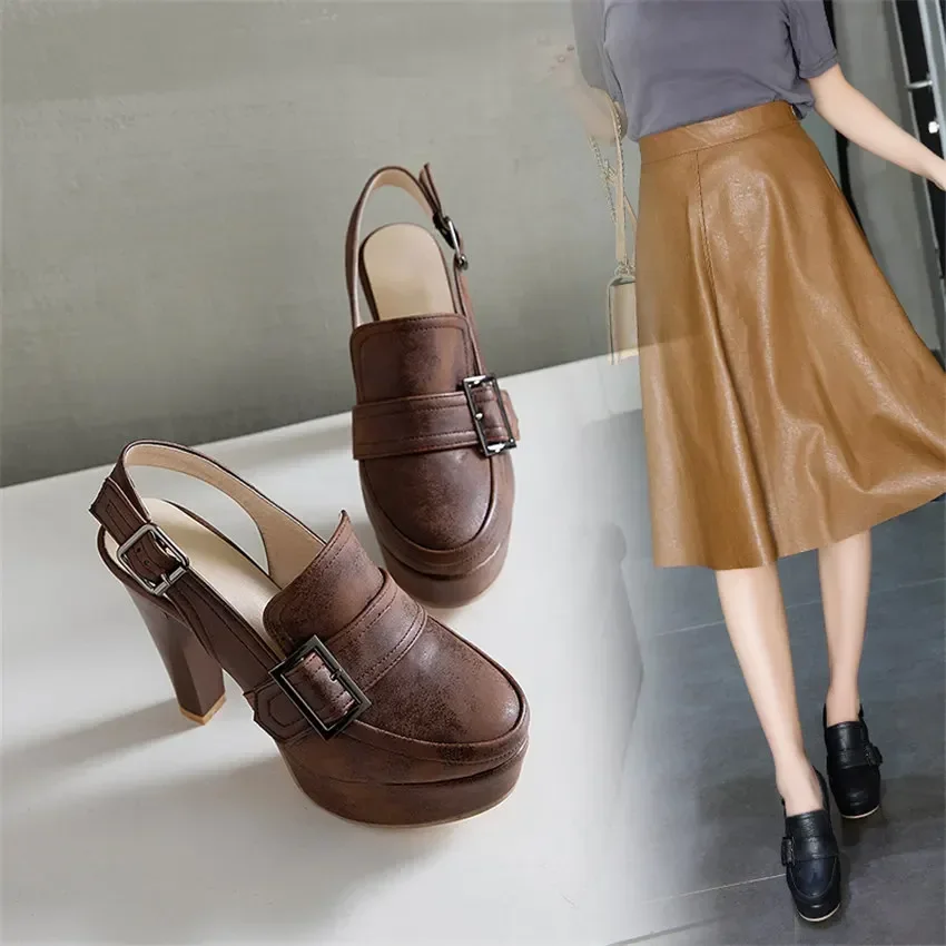 Summer Fashion Women Platform Slingbacks Grey Brown High Chunky Heel Sandals Sexy Party Office Lady Round Toe Buckle Strap Pumps