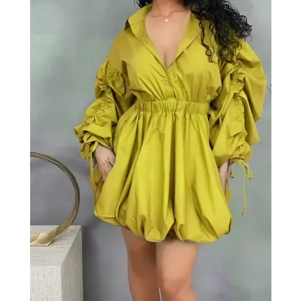 여성용 우아한 드레스, 솔리드 캐주얼 드로스트링 소매, 허리 조절, 턴다운 칼라, 긴 소매 퍼프 드레스, 2025년 봄