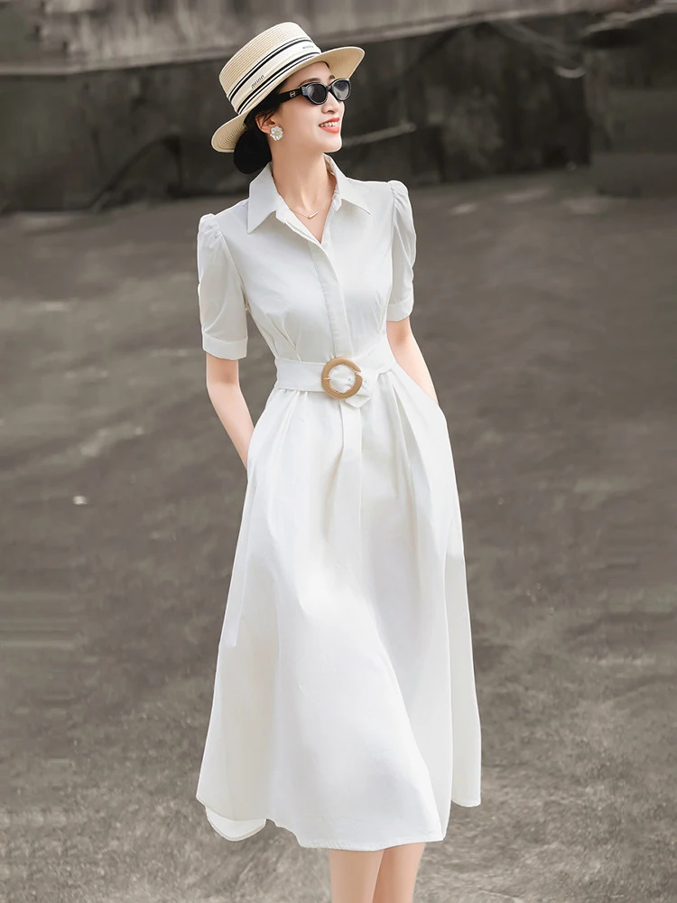 MEXCOCO 2026 Summer New Commuter Shirt Midi Dress Puff Short Sleeve Collar Belted Waist A Line Flowy Elegant Daily Dress