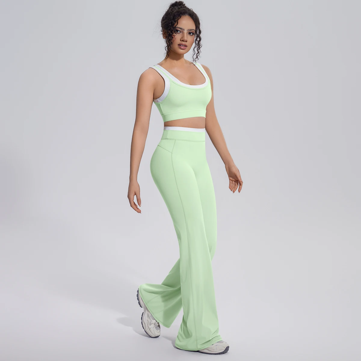 Neues Farbblock-Set mit Schönem Rücken-Yoga-BH und Weiten Hosen für Sommer, Fitness, Laufen und Workout, Hochelastisches, Lockeres Schlaghosen-Oberteil – Detail 30
