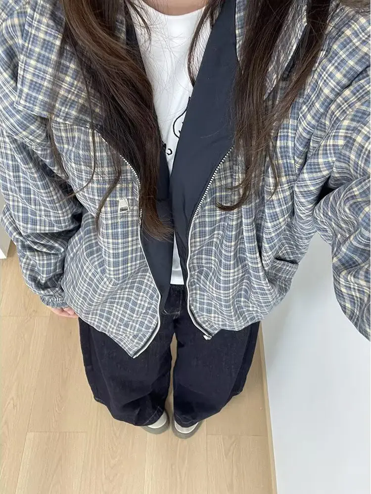 

Korean High Street Plaid Casual Sle Women's Windbreaker Coat Loose Fit Vintage Collar Slimming Versatile Jaet Top