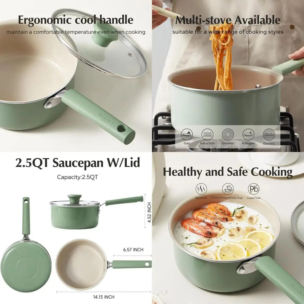 

Зеленая сковорода-сотейник с антипригарным покрытием, 2,5 кварты, с крышкой, с охлаждающей ручкой, совместима со всеми типами плит