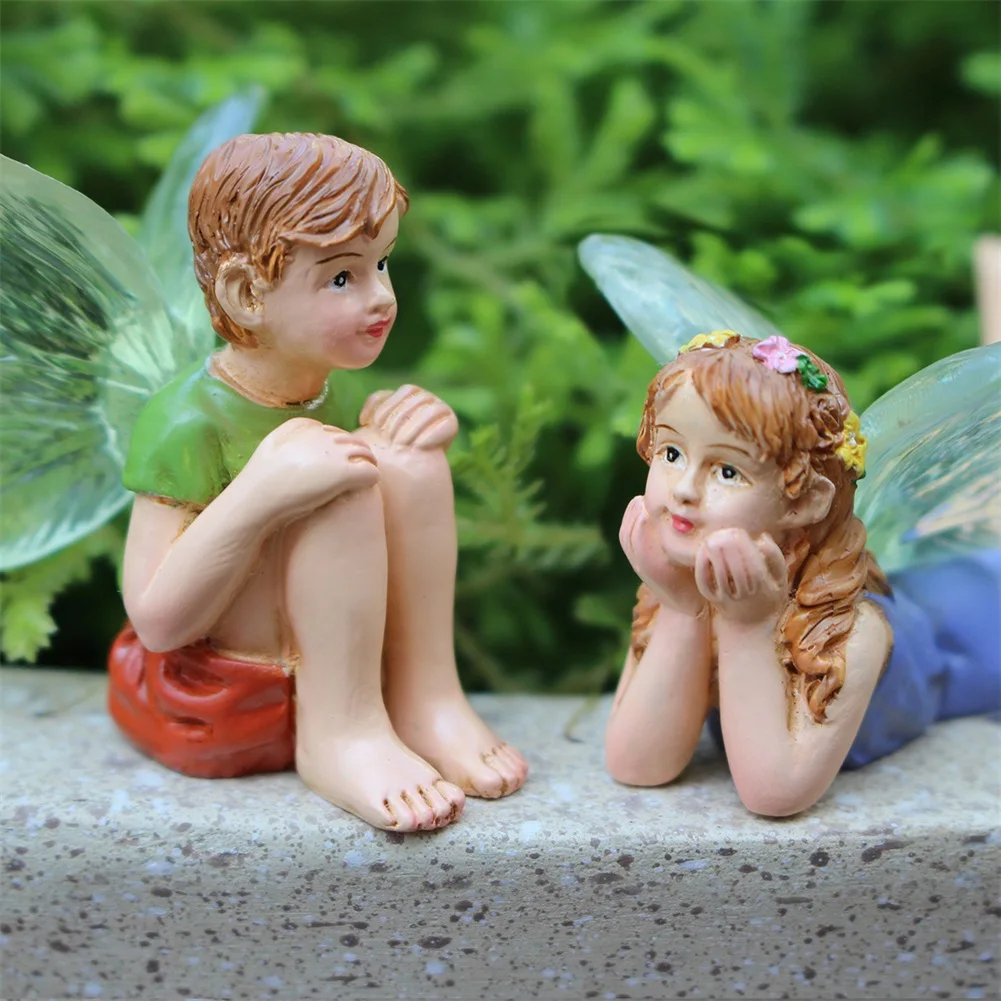 2pcs Miniature Fairy Figurines Boy Girl Small Fairies Ornaments Sweet Mini Fairies For Garden Accessories