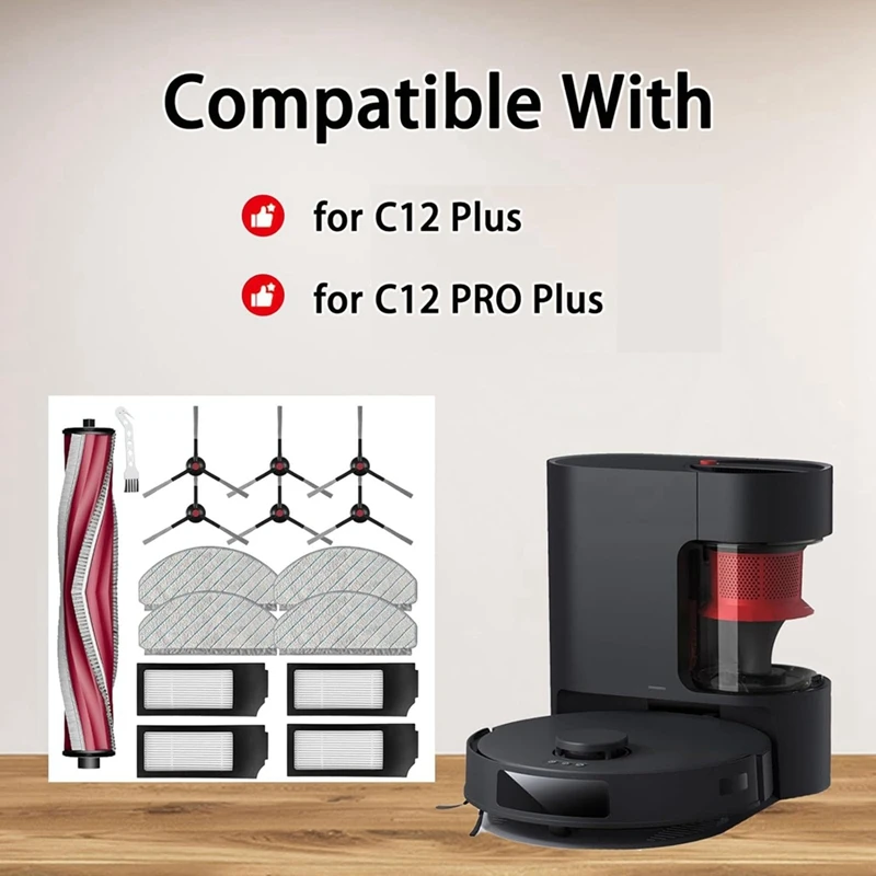 Accessories For Yeedi C12 Pro Plus C12 Plus,1 Main Brush,6 Side Brushes,4 Mop Cloth Pads,4 Hepa Filters,1 Cleaning Brush