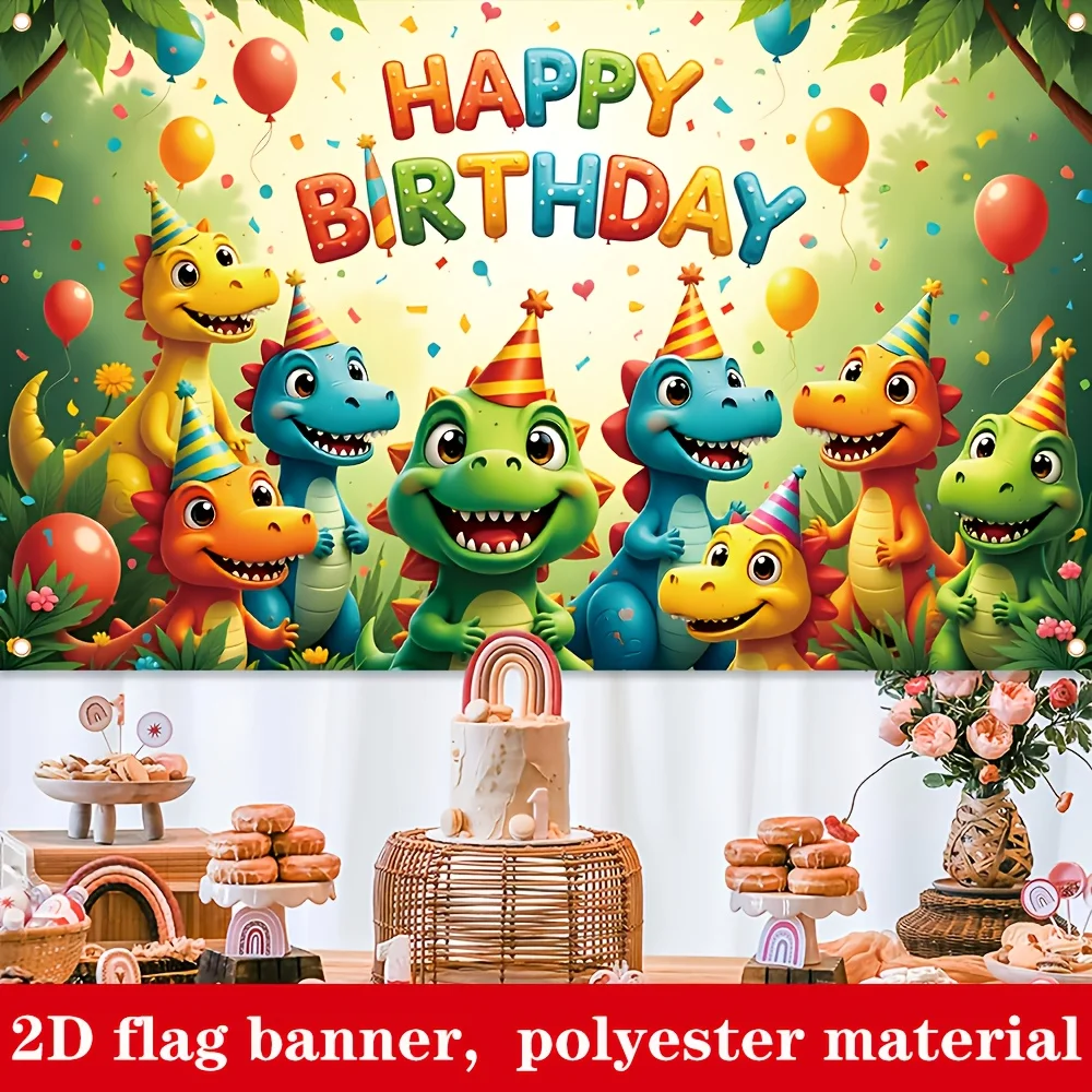 

2D FLAT 1pc Cute Happy Birthday Party Banner, Photo Booth Props, Birthday Banner, Polyester Forest Dinosaur Theme Party Decor