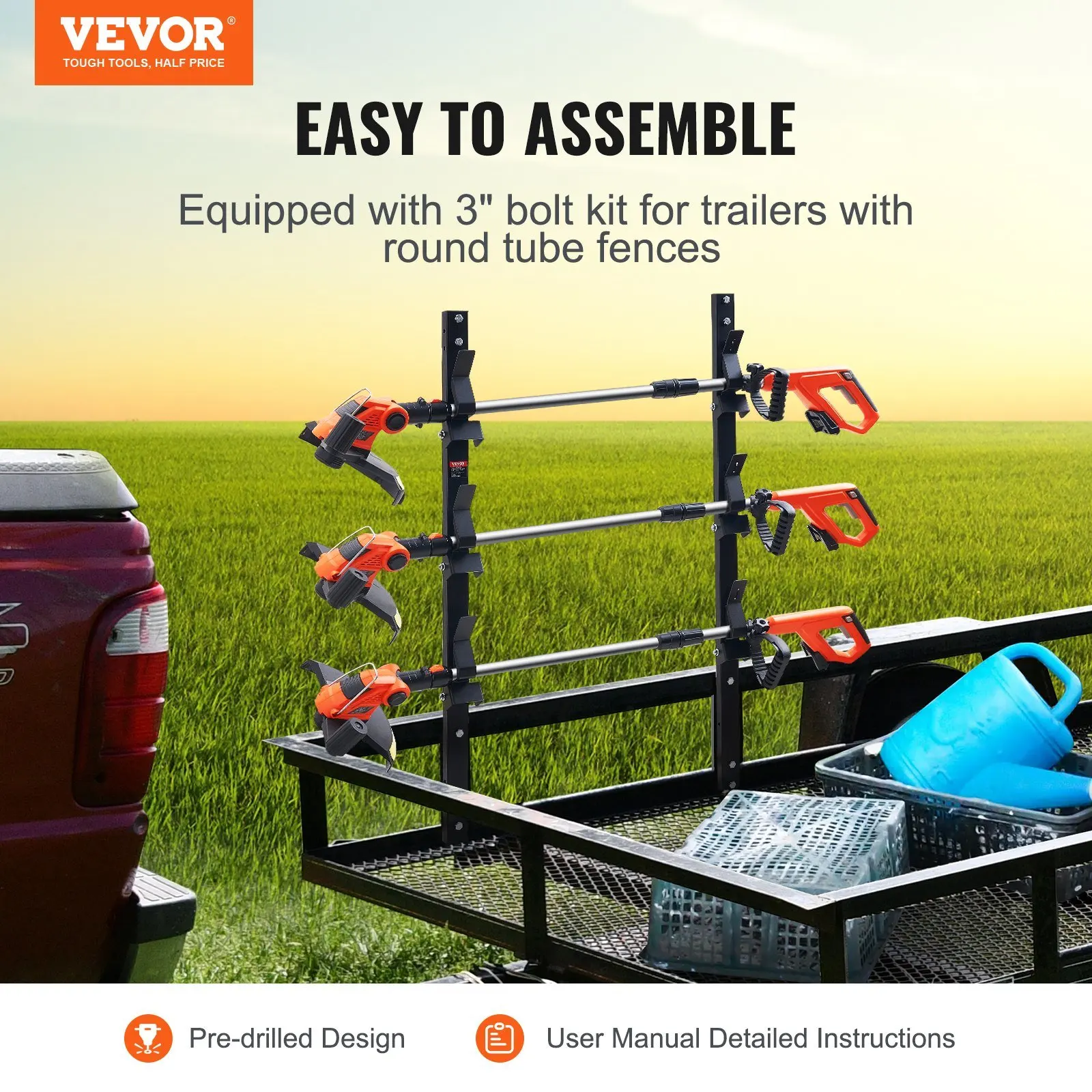 VEVOR Trimmer Rack, 3 Place Weeder Trimmer Rack, Trim Holder Trailer Rack with Zinc Alloy Password Lock, Wall-mounted or Mount o