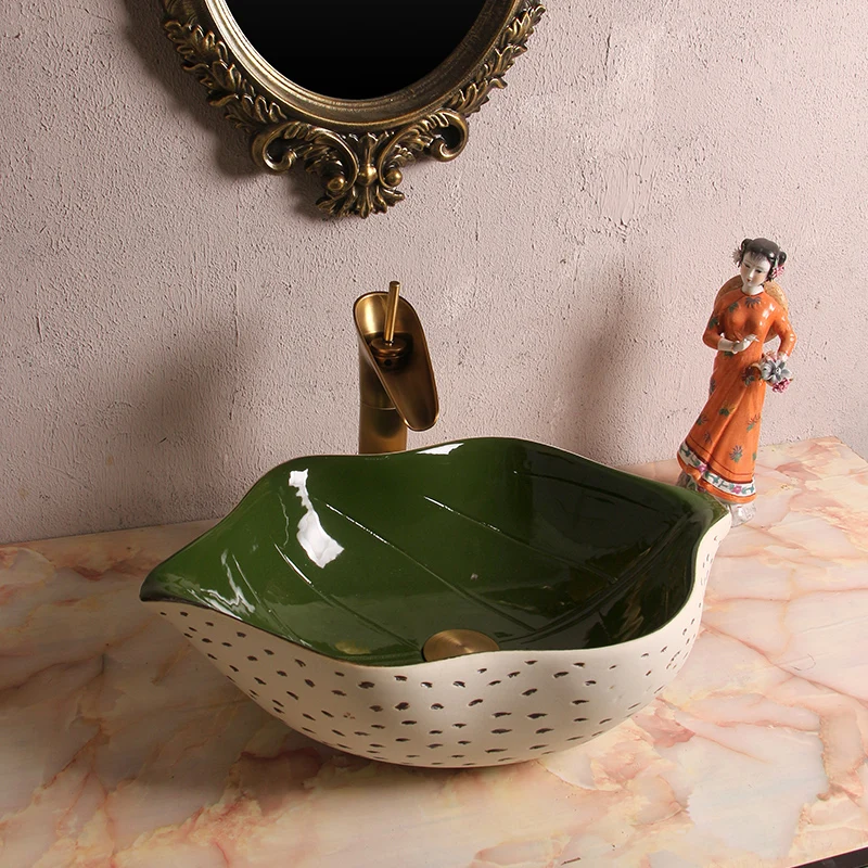 

Ceramic retro leaf art stage basin, new Chinese antique special-shaped wash basin, balcony wash basin
