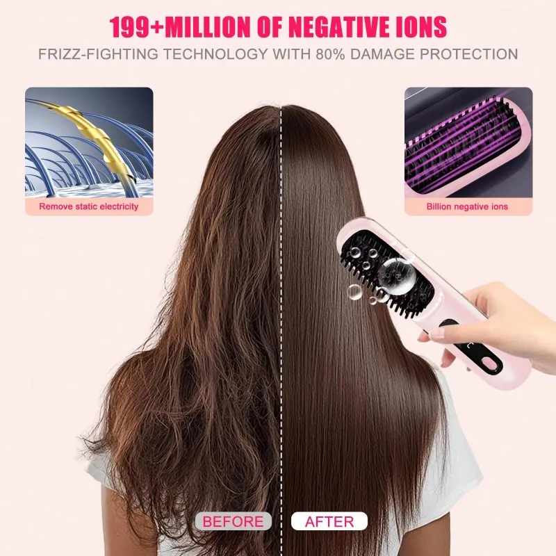 

B15C Wireless Portable Mini LCD Display Hair Straightener Brush-199 Million Negative Ions Straightening Comb