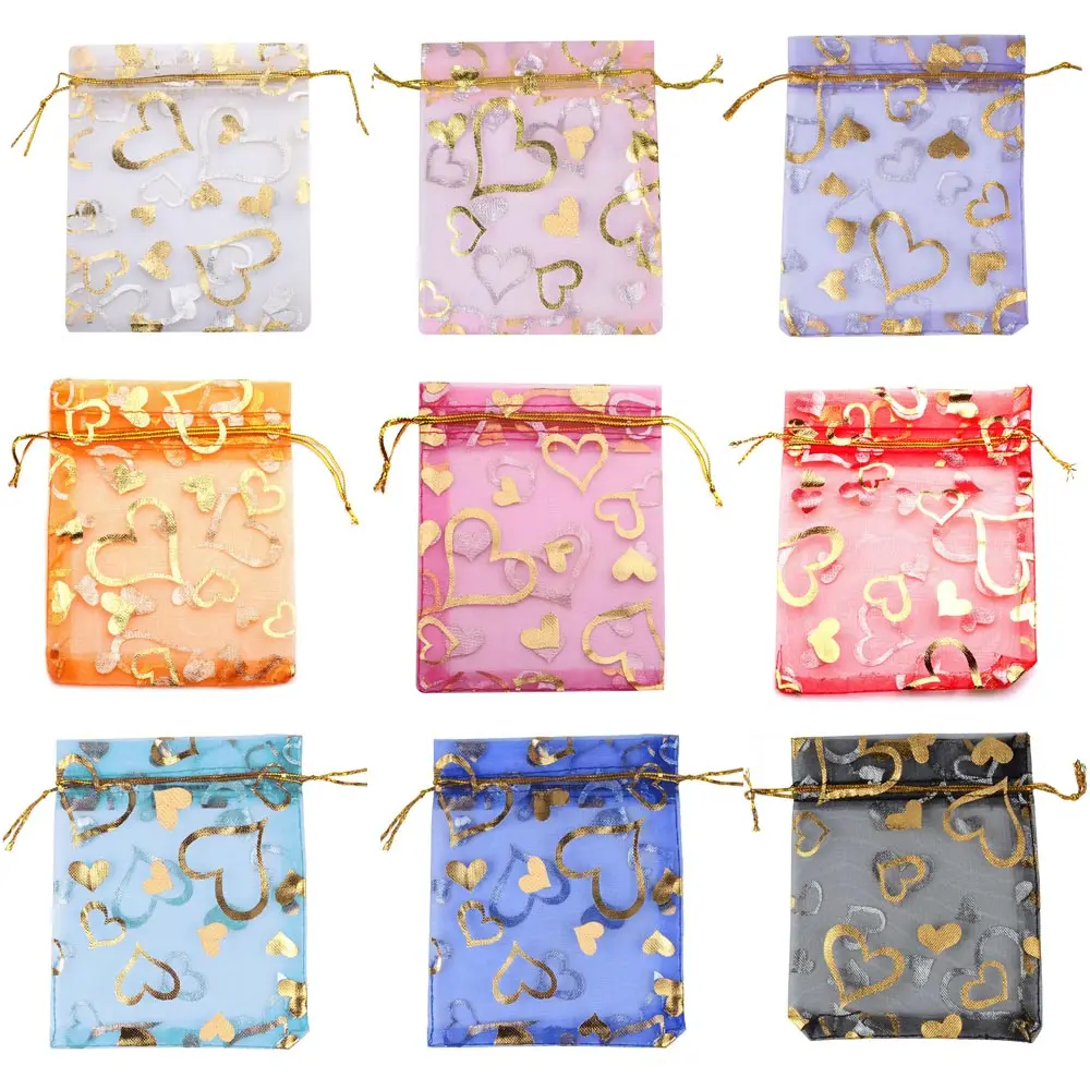 25/50/100szt/lot Love Heart Organza Gift Bag Gold Color Heart Gifts Pouches For Wedding Party Candy Valentine Day Jewelry Bag