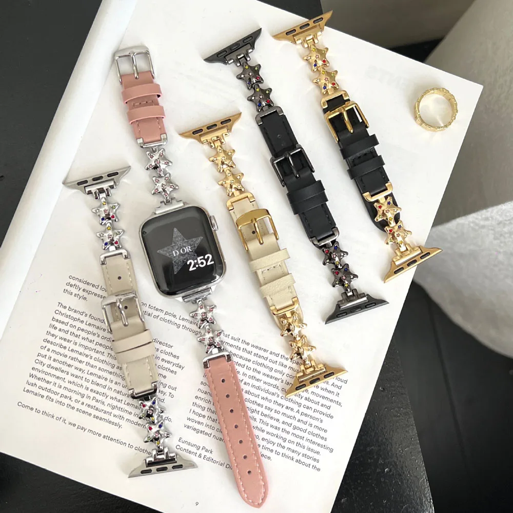 Correa de cuero de Metal con diamantes de estrella de la suerte para Apple Watch 10 9 8 7 SE 6 5 46MM 49mm 41 45 40 44 38 42mm pulsera