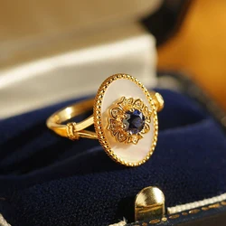 Court style retro blue gemstone engagement rings for women Ancient gold craft inlaid oval fritillaria high-end fine jewelry