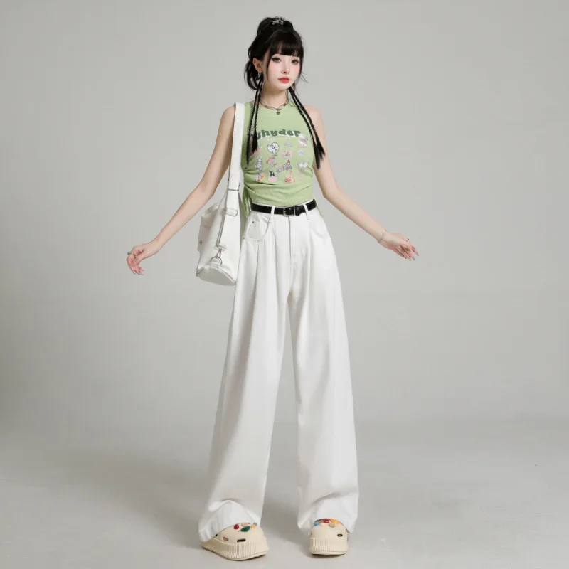 Popular Korean Style Versatile White Jeans for Female Summer Students New Cotton High Waisted Loose and Elongated Wide Leg Pants