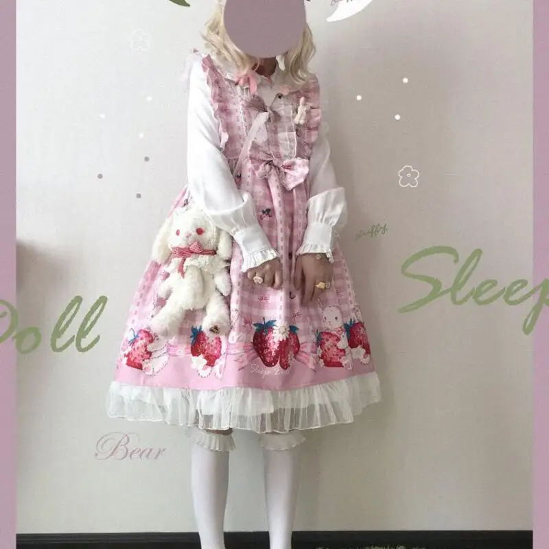 Japońska sukienka Kawaii Lolita dla dziewczynek, sukienki Jsk z motywem truskawkowego króliczka, damskie sukienki Harajuku bez rękawów, urocza spódnica księżniczki, kostium do cosplayu
