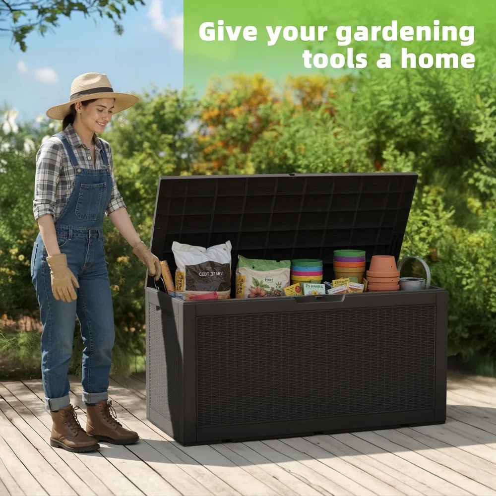 Caja de almacenamiento para exteriores de 120 galones, resistente al agua, resistente a los rayos UV, con varilla hidráulica, estabilidad reforzada para Patio