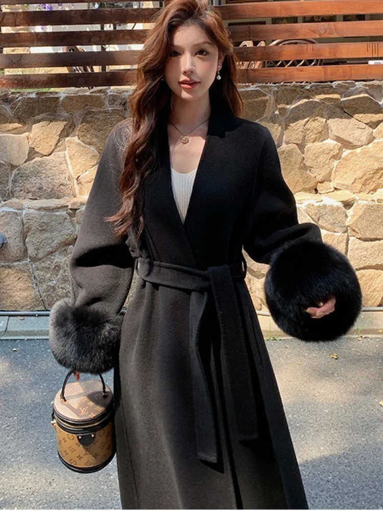 새로운 겨울 여성 우아한 캐시미어 울 코트 롱 벨트 리얼 폭스 퍼 커프 울 혼방 재킷 여성 패션 따뜻한 옷