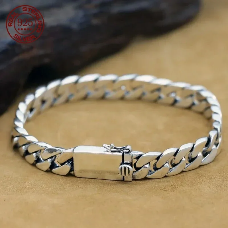 

100% S925 Sterling Silver Bracelet 8MM Punk S925 Silver Jewelry Never Fade Carry certificate Men Women Jewelry Gifts