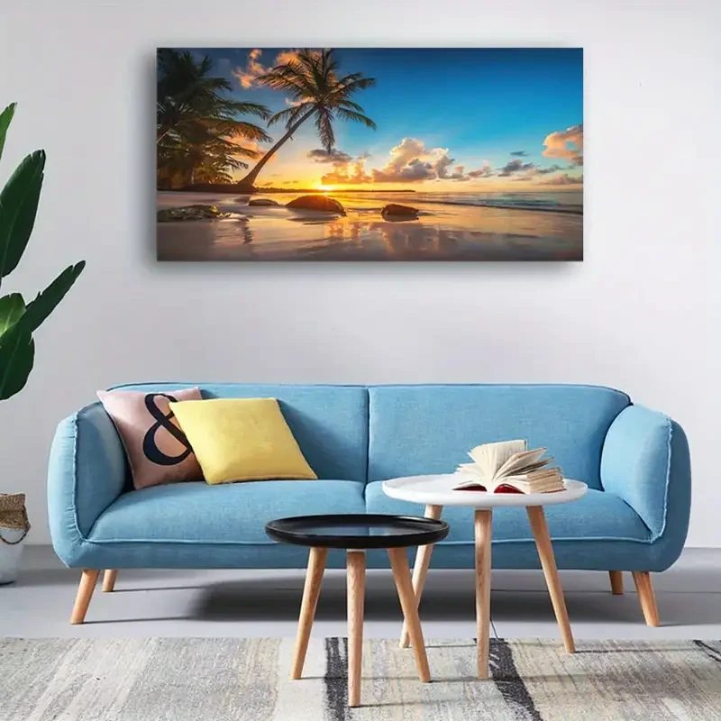 1pc (No frame),Wall Art Canvas Painting Sunset on a Tropical Beach with Palm Trees Blue Sky Ocean Seaview Picture Poster Print U