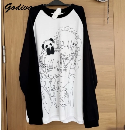 Original Cute Cat Printed Polka Dot Panda Maid Black and White Long Sleeve T-shirt Subculture Cat Paw Embroidery Cotton Tee Tops