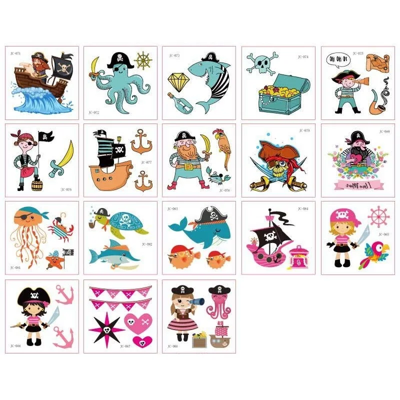 18 Stks/set Geen Herhaalde Cartoon Piraten Tijdelijke Tattoo Stickers Kids Waterdicht Jongen Meisje Vikings Wegwerp Tatouage Temporaire