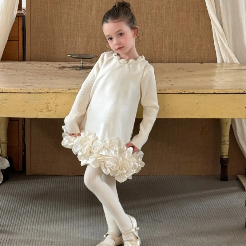 2026 Autumn Winter New Girl's Vest Skirt Sleeveless Flower Bud Satin Dress Birthday Princess Dress