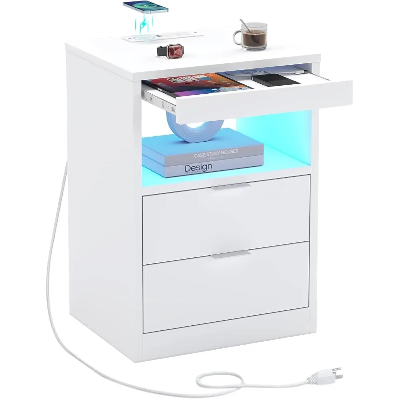 

Светодиодная тумбочка, белая тумбочка с беспроводной зарядной станцией, 2 ящиками, современный приставной столик для спальни со светодиодной подсветкой