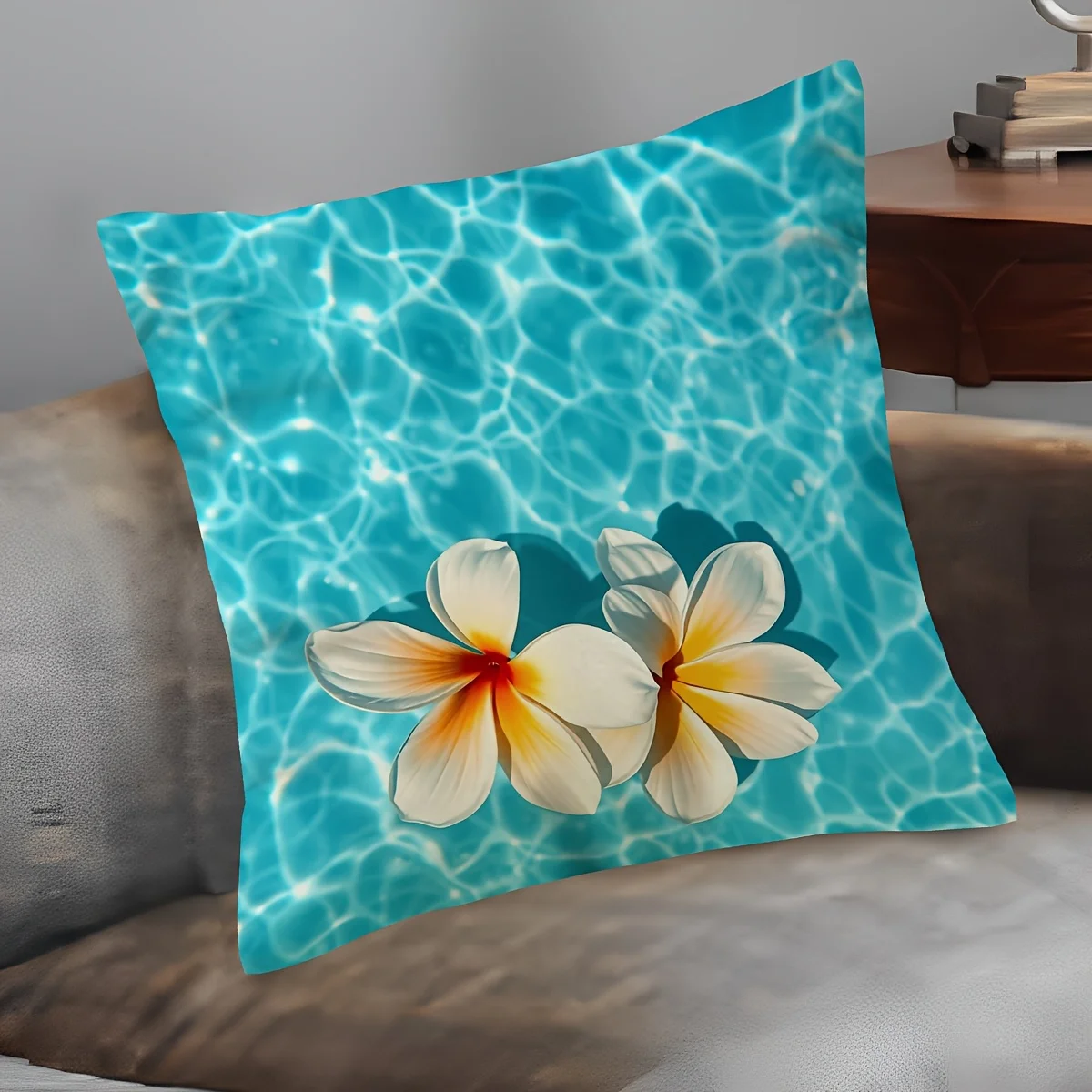 1pc 2D Flat (Pillow Not Included) White Frangipani Pool Water Cushion Cover Short Plush Tropical Summer Decor Pillow Case
