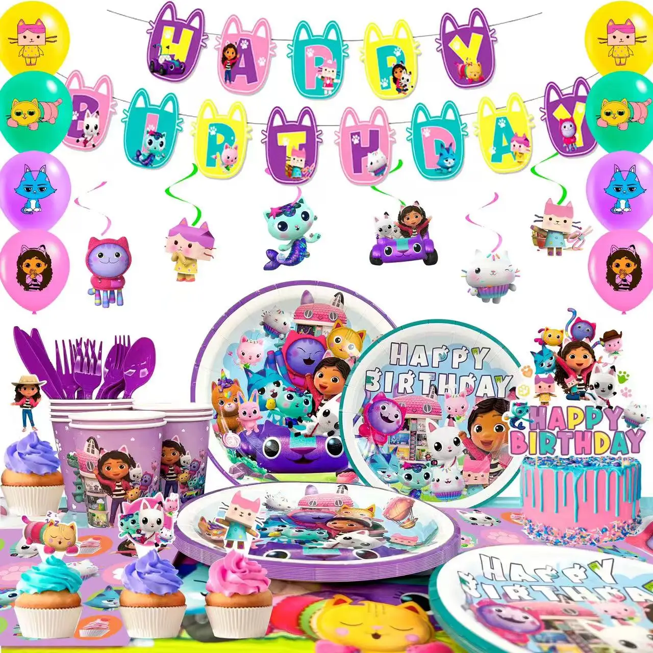 

Cartoon Party Supplies, 115pcs Decoration&Tableware Set-Cartoon Birthday Party Plates Cups Napkins Balloons Banner etc