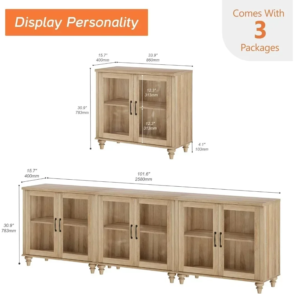 Kitchen Pantry Cabinet with 6 Glass Doors Coffee Bar Tables with Adjustable Shelf Kitchen Cabinets Set of 3