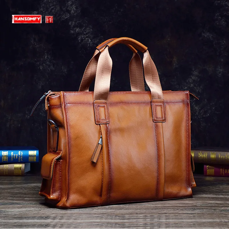 

First Layer Cowhide Handbag Business Briefcase Men's Real-Leather Bag Casual Shoulder Messenger Bag Fashion Computer Bag