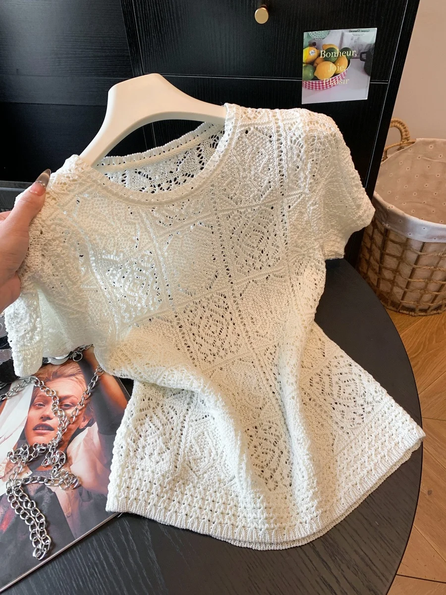 Summer Thin Ice Silk Hemp Knitted Short Sleeve Women's T-shirt Hollow out Hook Flower Soft Weave Guangzhou Thirteenth Factory