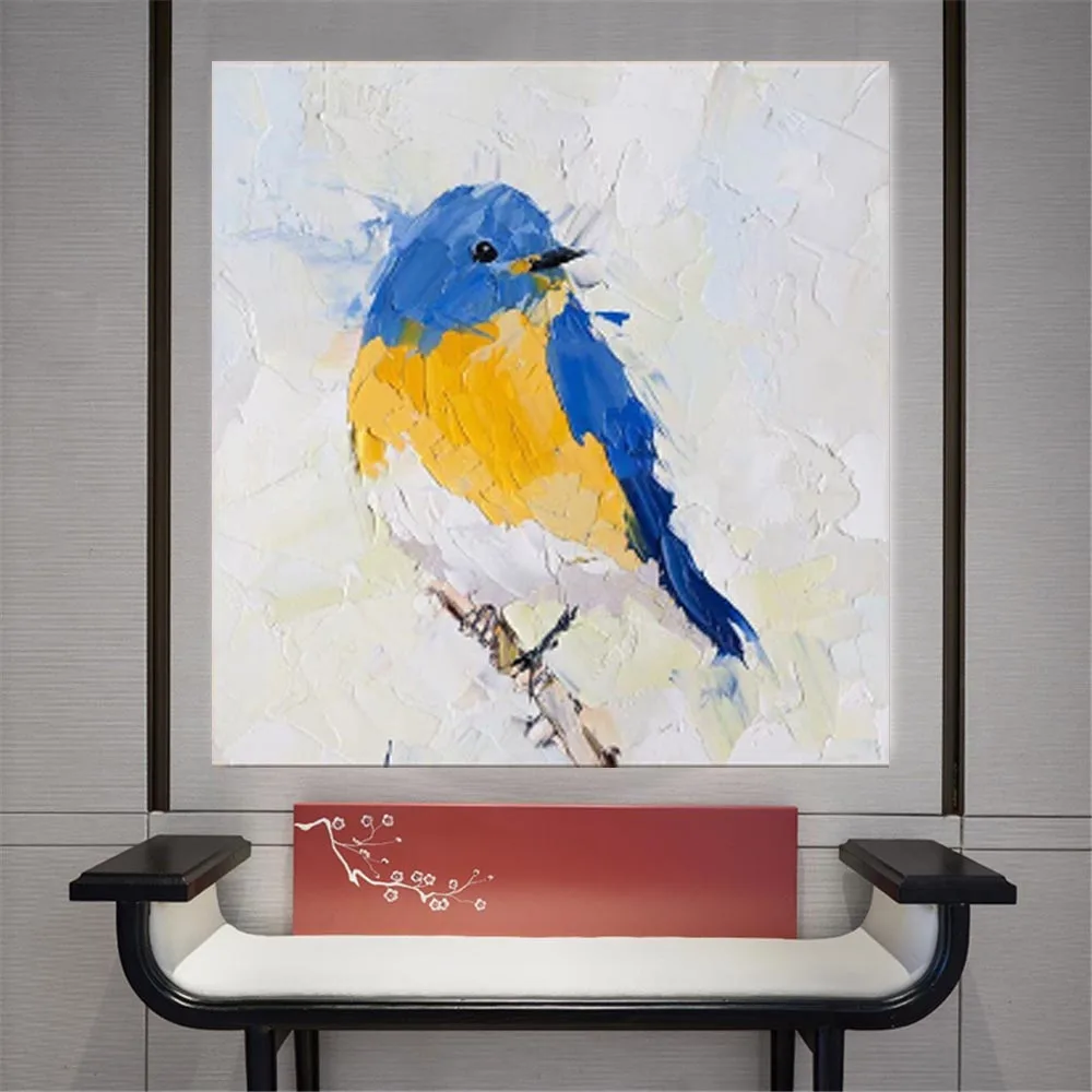 

100% Handmade Blue Bird Cute Animal Colorful Artwork Picture Oil Painting As a Gift For Kid's Room Decor Wall Art Pictures Trim