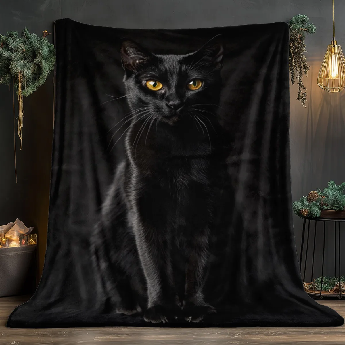 1pc Black Cat In Dark Art Used for Sofa, Bedroom, Living Room, Bed, Couch, Chair Soft and Warm Blanket-Lightweight Flannel, Adul