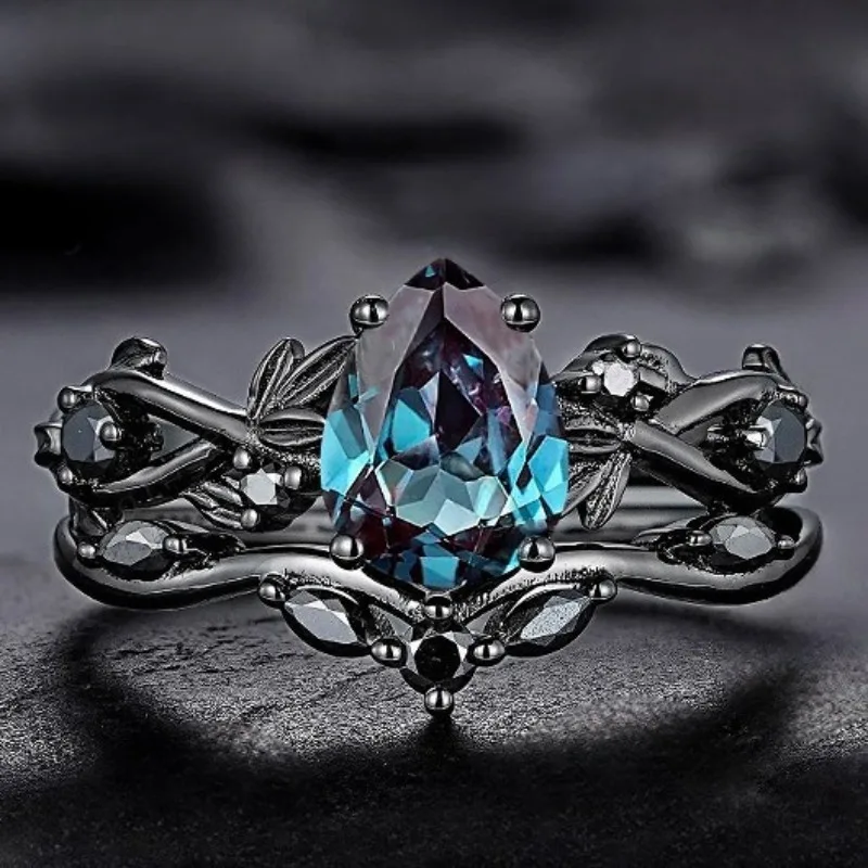 

New Fashion Couple Rings - Gun Black Plated Sea Blue Diamond Inlaid European American INS Style Engagement Jewelry for Women
