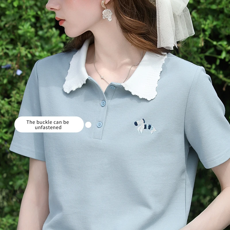 I BELIEVE YOU Short Sleeves Polo Shirt 2026 Summer New Fun Pony Embroidery Contrast Color Collar Casual Women's Top 2261016274