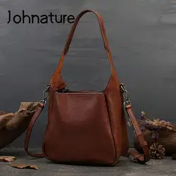 Borsa da donna retrò in vera pelle Johnature Borsa versatile per il tempo libero di grande capacità Borse a tracolla e a tracolla in pelle di vacchetta naturale