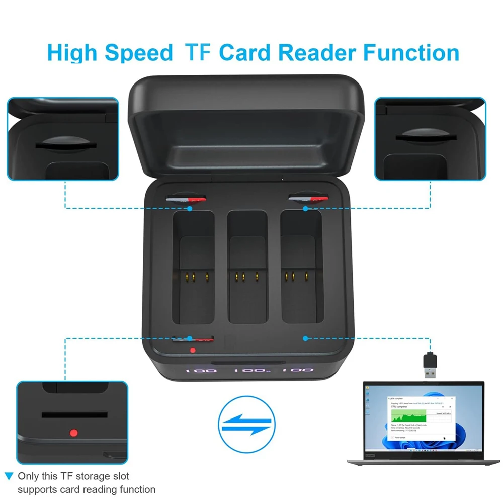 GoPro 1800mAh Batteries And Three Card Slot Charger With SD Card Reading Function ,For Gopro 5 Gopro 6 Gopro   7 Gopro 8 Camera