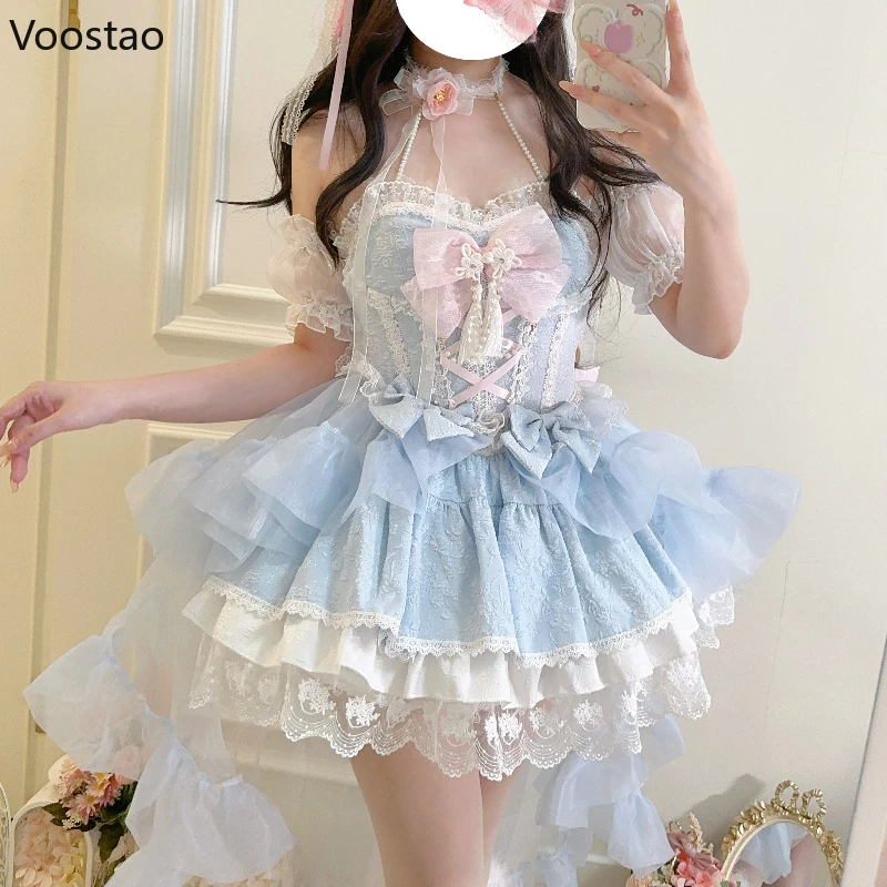 Sweet Cute Lolita Princess Dress Women Elegant Kawaii Lace Ruffles Bow Slim Dresses Girls Harajuku Y2k Evening Party Mini Dress