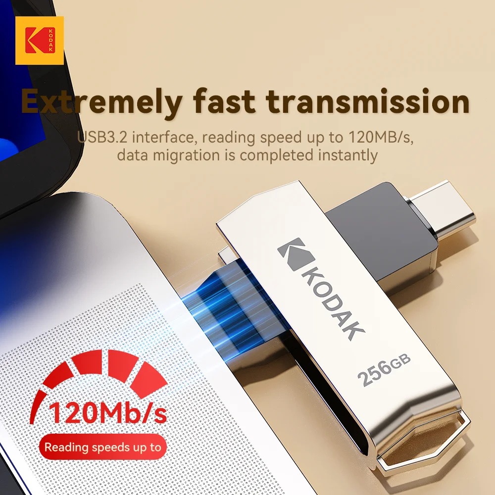 Pendrive KODAK K273 USB 3.2 Tipo-C Original de 256GB 128GB 64GB 32GB, Unidad Flash Dual de Alta Velocidad 120MB/s para Teléfono y Portátil