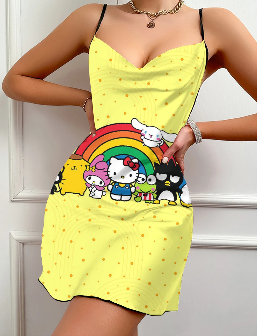 HelloKitty feminino desenho animado suspenso vestido, laço de borboleta sexy, sem encosto, roupa de dormir, verão, legal, novo