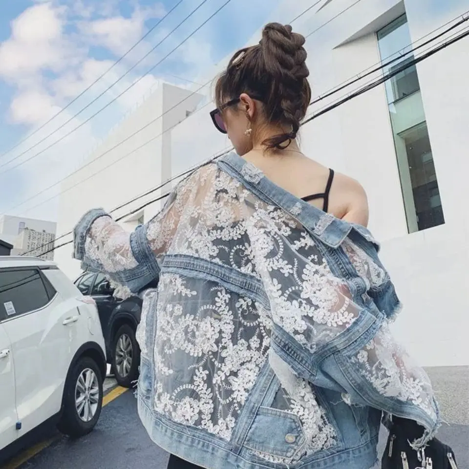 

The Spring and Autumn Annals Denim Jacket Women Mesh Embroidery Hole Very Immortal Lace Sunscreen Clothing Leisure Comfort