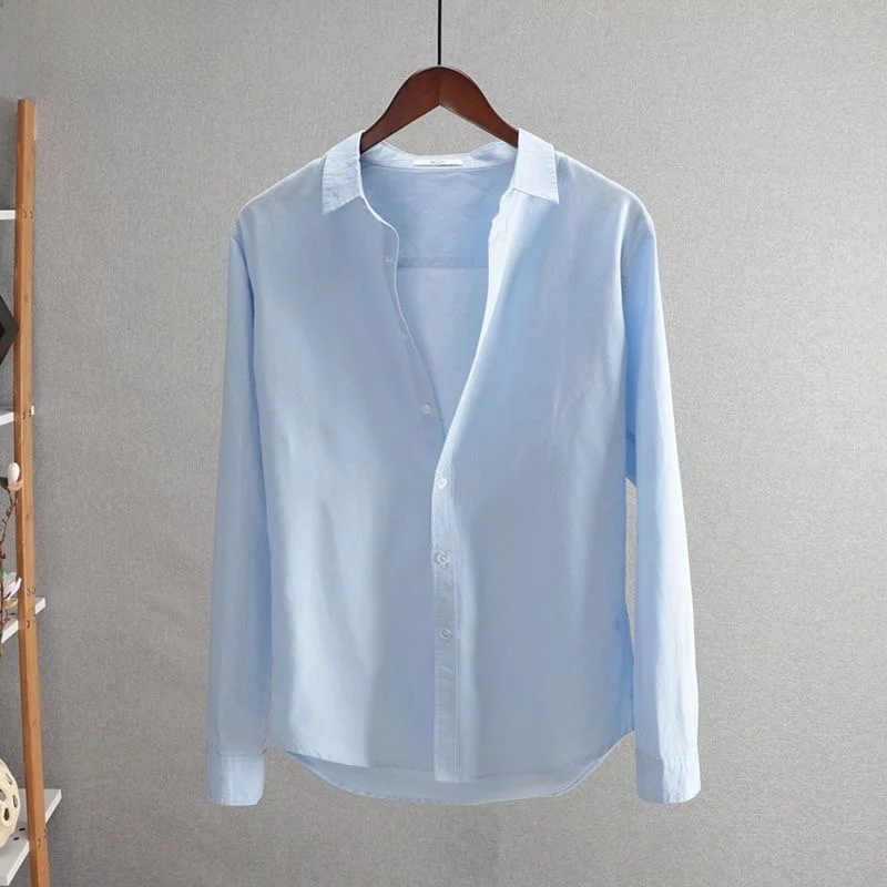 

Spring Summer Men's Casual Cotton Linen Shirt Long Sleeve Loose Collar Fashionable Young Pure Color Style Business Casual
